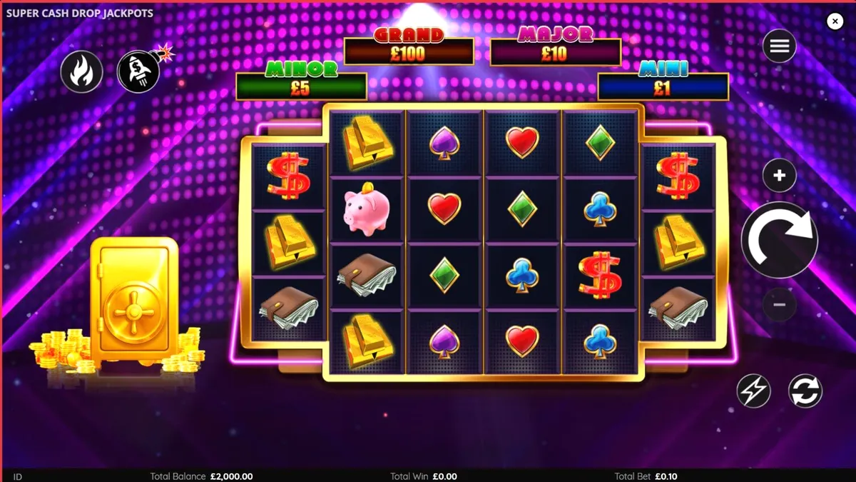 Tampilan antarmuka slot Super Cash Drop Jackpots dengan tema brankas neon.