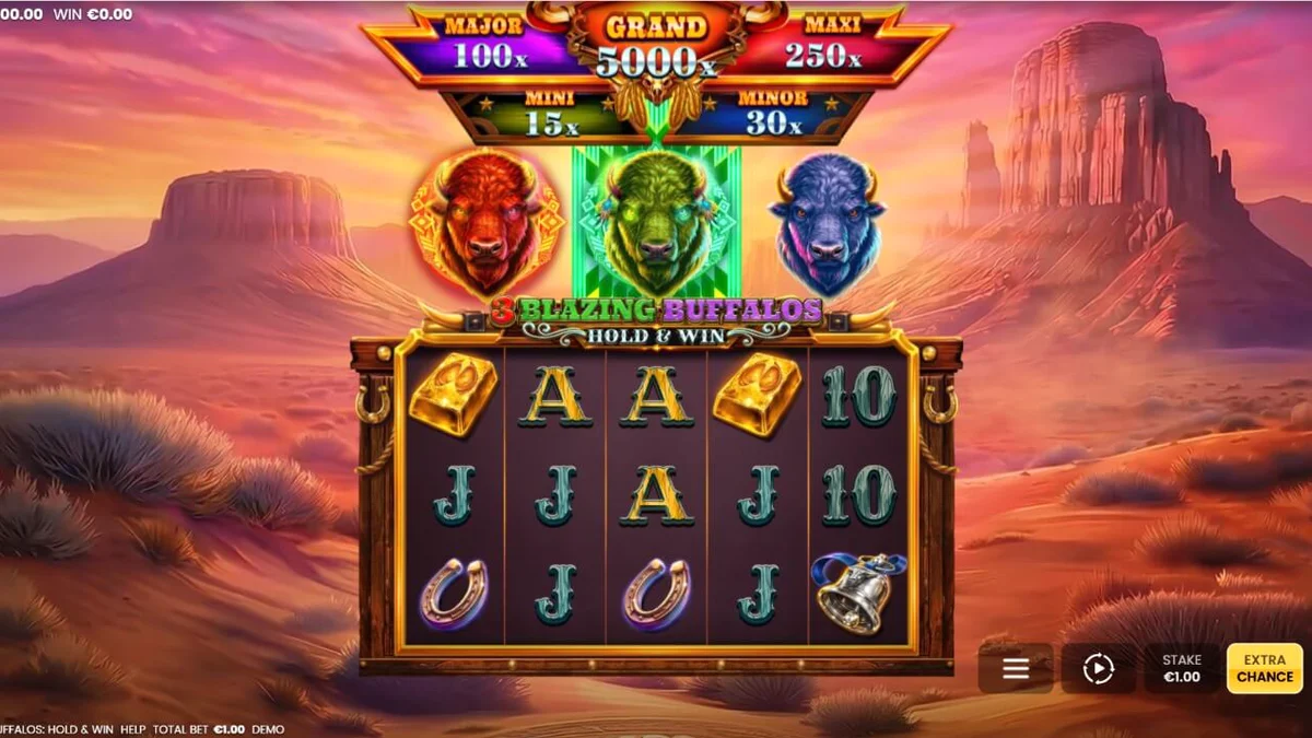 Tampilan visual slot 3 Blazing Buffalos dengan nuansa neon dan padang rumput Wild West.